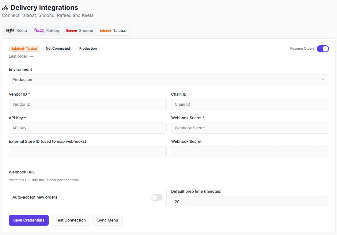 Delivery integrations — Talabat, Snoonu, Rafeeq and Keeta
