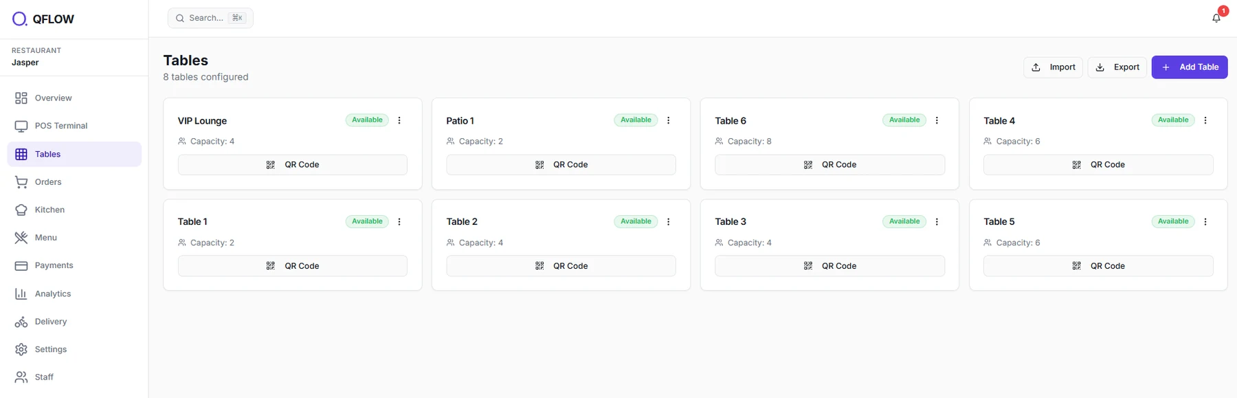 Tables — QR code per table, live availability