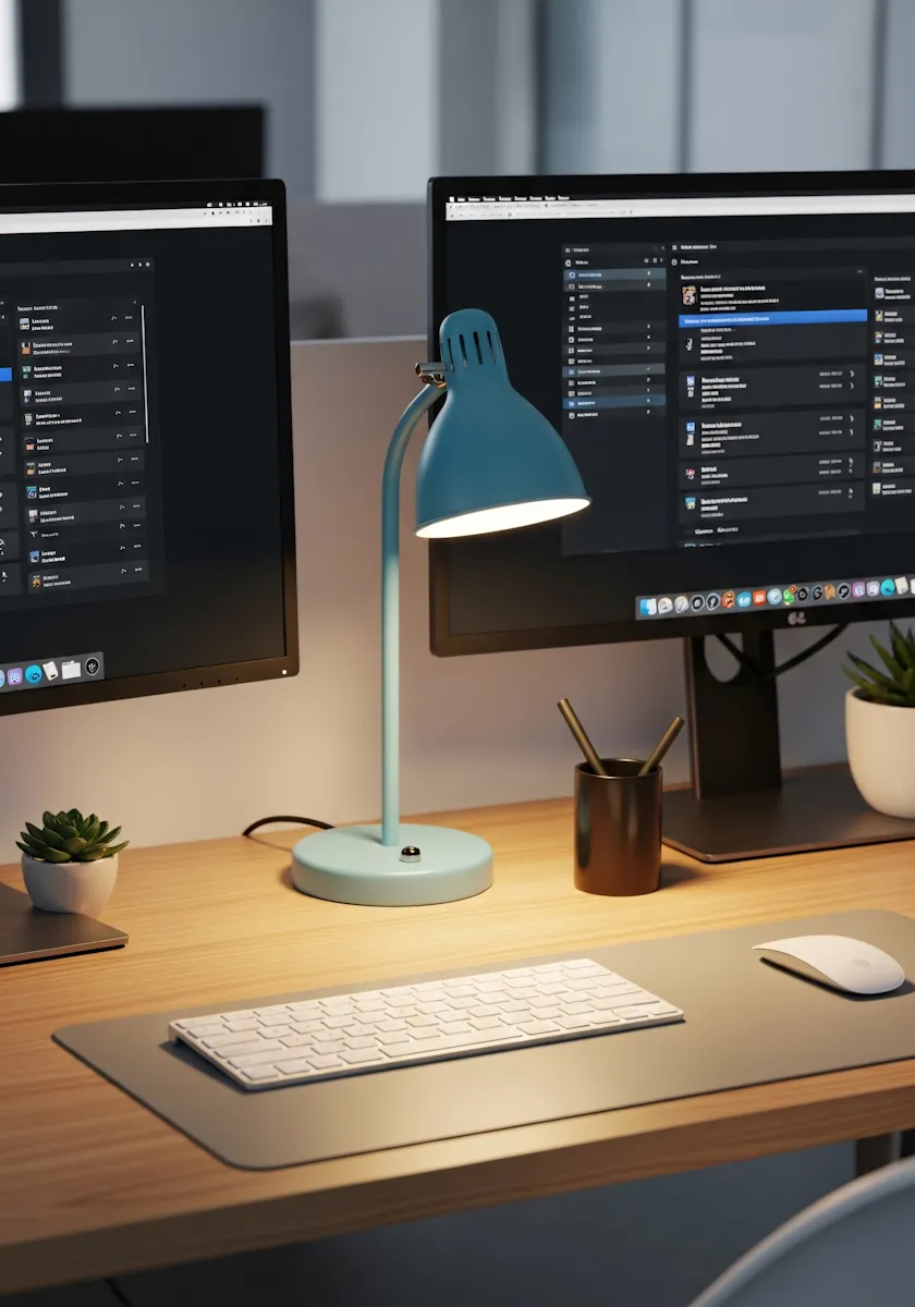 A simple desk setup with a monitor and lamp in a home office